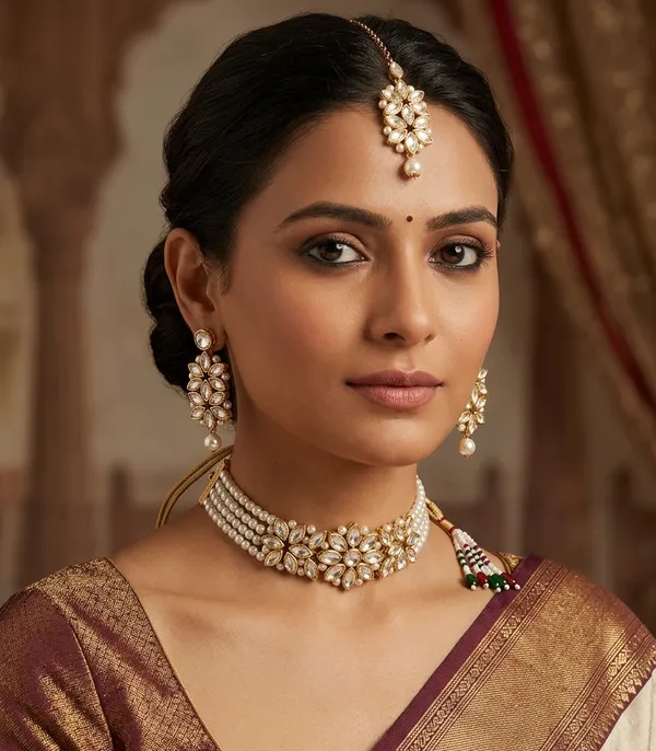 Viva_Jewels_Regal_White_Pearl_&_Kundan_Choker_Set_–_3-Strand_Pearl_Necklace_with_Floral_Kundan_Design,_Matching_Earrings_&_Maang_Tikka
