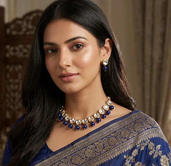 Viva_Jewels_Royal_Azure_Gold-Plated_Kundan_Choker_Set_–_Classic_Round_Polki_Necklace_with_Deep_Blue__Droplets_and_Matching_Studs