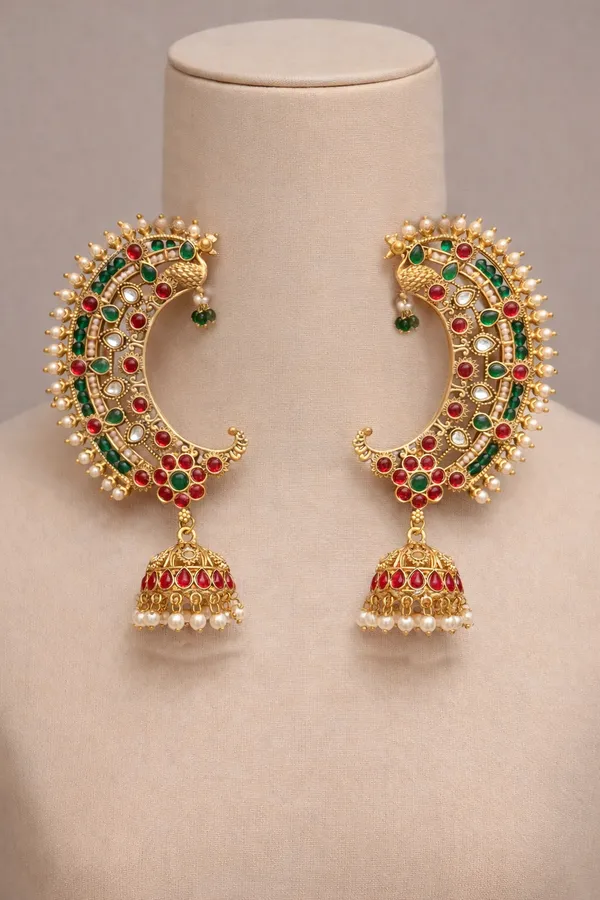 Viva_Jewels_Regal_Gold-Plated_Bahubali_Ear-Cuff_Jhumka_Set_–_Traditional_Temple_Jewelry_with_Peacock_Motif,_Kundan_&_Multi-Color_Stones