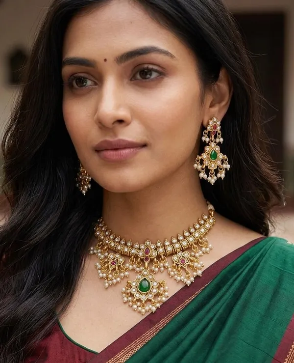 Viva_Jewels_Antique_Gold-Plated_Traditional_Temple_Choker_Set_–_Handcrafted_Kemp_Stone_Necklace_with_Emerald_Accents_and_Pearl_Cluster_Droplets