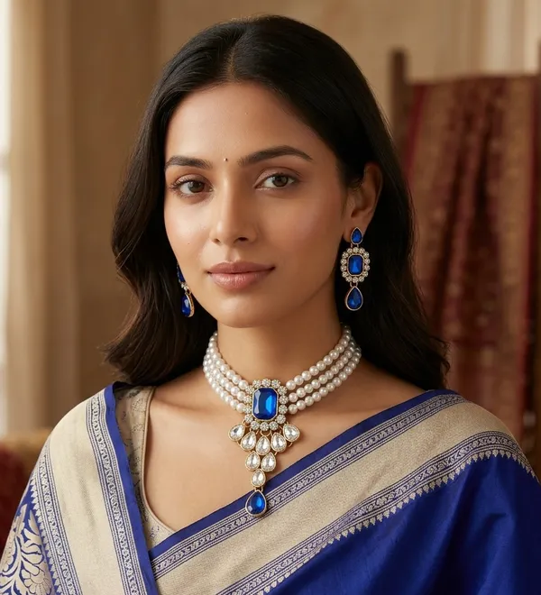 Viva_Jewels_Imperial_Navy_Blue_&_Pearl_Choker_Set_–_Three-String_Pearl_Necklace_with_Royal_Blue_Crystal_Pendant_and_Matching_Drop_Earrings