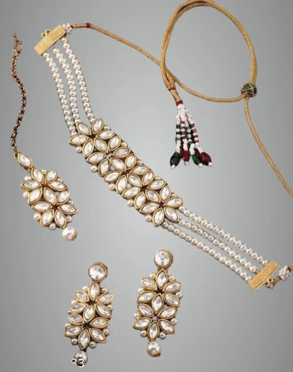 Viva_Jewels_Regal_White_Pearl_&_Kundan_Choker_Set_–_3-Strand_Pearl_Necklace_with_Floral_Kundan_Design,_Matching_Earrings_&_Maang_Tikka