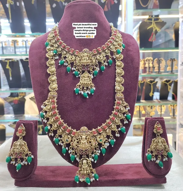 Viva_Jewels_Regal_Goddess_Lakshmi_Antique_Gold_Temple_Combo_Set_–_Traditional_Choker,_Long_Haram_Necklace_&_Statement_Earrings_with_Green_Beads