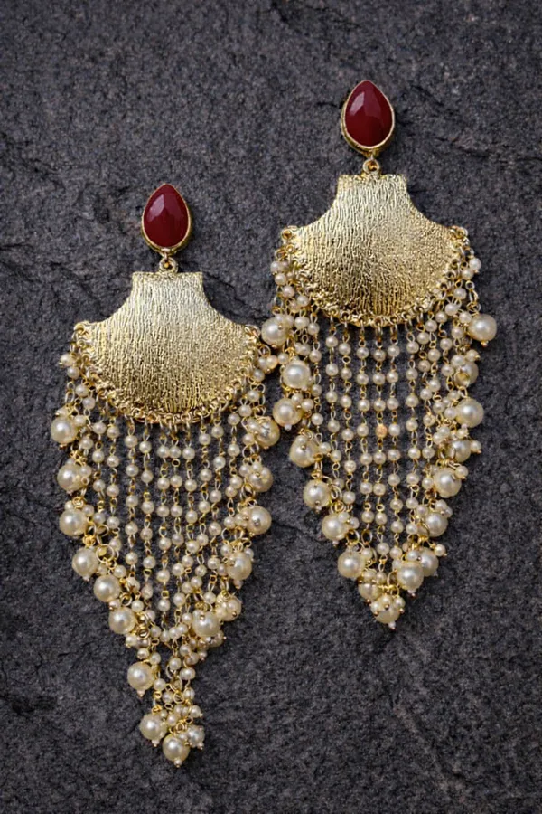 Viva_Jewels_Regal_Gold-Finish_Maroon_Chandelier_Earrings_–_Statement_Textured_Ethnic_Earrings_with_Pear-Cut_Accents_and_Cascading_Pearl_Fringe