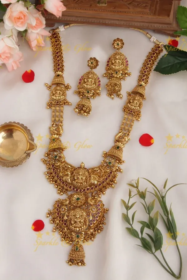 Viva_Jewels_Antique_Gold-Plated_Long_Temple_Haram_Set_–_Grand_Lakshmi_Motif_Bridal_Necklace_with_Matching_Jhumka_Earrings_and_Floral_Accents