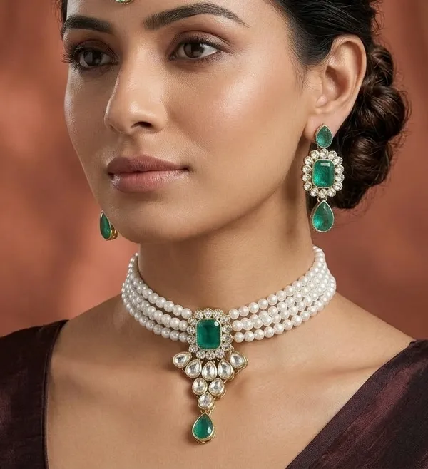 Viva_Jewels_Elegant_Brass_Gold-Finish_Necklace_Set_–_Green_&_White_Stone_Studded_Ethnic_Wear_for_Women