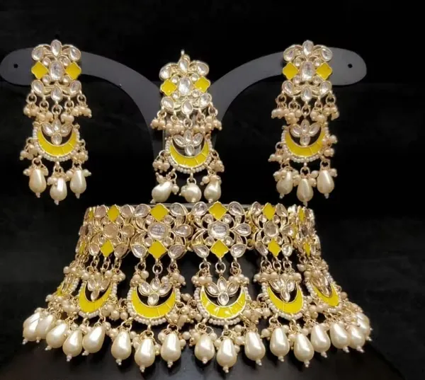 Viva_Jewels_Vibrant_Yellow_Meenakari_&_Kundan_Choker_Set_–_Handcrafted_Enamel_Choker_with_Crescent_Chandbali_Motifs,_Pearl_Drops,_and_Matching_Earrings_with_Maang_Tikka