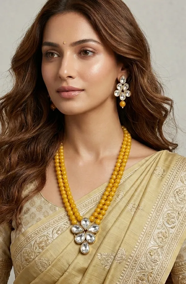 Viva_Jewels_Regal_Double-Layer_turmeric_yellow_Pearl_Statement_Set_–_Handcrafted_Gold-Plated_Rani_Haar_with_Floral_Kundan_Pendant_and_Matching_Drop_Earrings