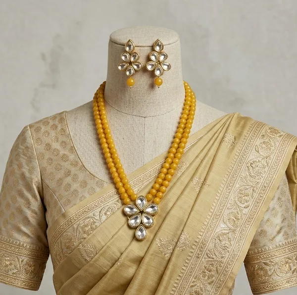 Viva_Jewels_Regal_Double-Layer_turmeric_yellow_Pearl_Statement_Set_–_Handcrafted_Gold-Plated_Rani_Haar_with_Floral_Kundan_Pendant_and_Matching_Drop_Earrings