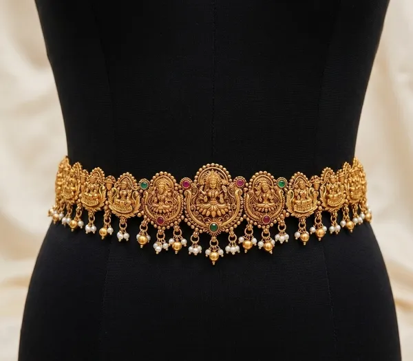 Viva_Jewels_Regal_Temple_Heritage_Vaddanam_–_Antique_Gold-Plated_Waist_Belt_featuring_Ashta_Lakshmi_Motifs,_Ruby_&_Emerald_Accents,_and_Delicate_Pearl_Droplets
