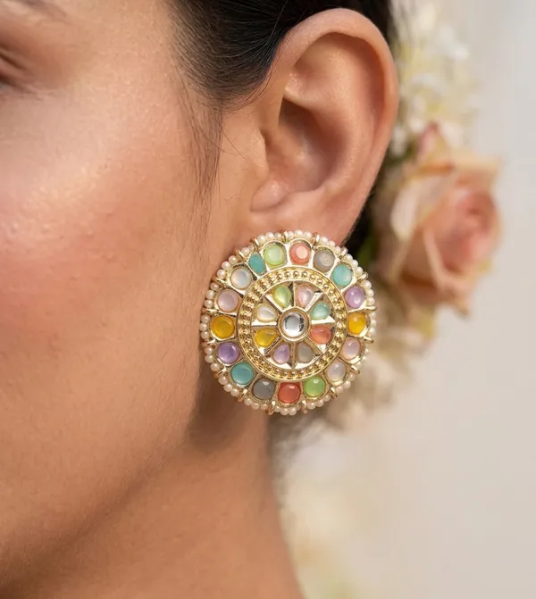 Viva_Jewels_Traditional_Navratna-Inspired_Multi-Color_Studs_–_Handcrafted_Gold-Plated_Circular_Ear_Studs_with_Radiant_Stone_Clusters_and_Micro-Pearl_Border