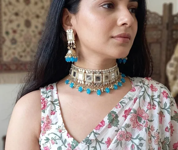 Viva_Jewels_Regal_Gold-Plated_Choker_Set_–_Traditional_Mirror-Work_(Mirror)_Necklace_with_Sky_Blue__Beads_and_Matching_Jhumka_Earrings