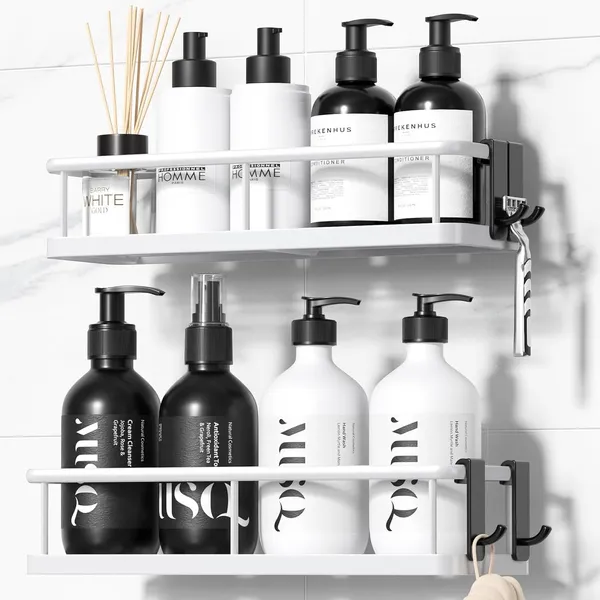 White_Shower_Caddy_Adhesive_No_Drill_Bathroom_Shower_Organizers_With_Removable_Hooks_Rust_Proof_Shower_Shelves_Wall-Mounted_Shower_Holder_(_2_Pack)