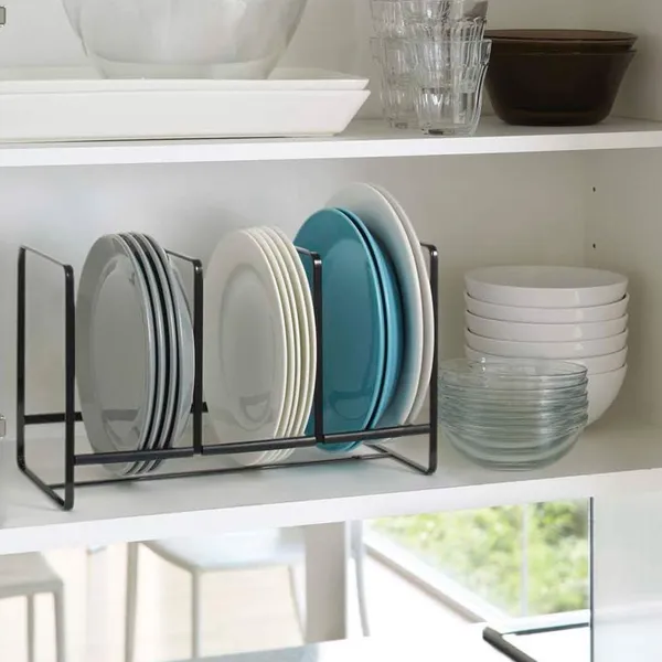Black_Steel_Plate_Rack_With_Three_Partitions_For_Multipurpose_Use_Kitchen_Storage_Organiser_-_Size_13X_6_X_6_Cm