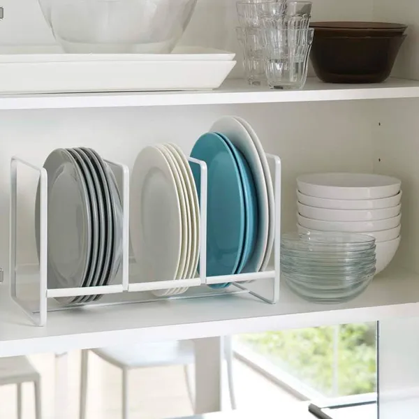 White_Steel_Plate_Rack_With_Three_Partitions_For_Multipurpose_Use_Kitchen_Storage_Organiser_-_Size_13X_6_X_6_Cm