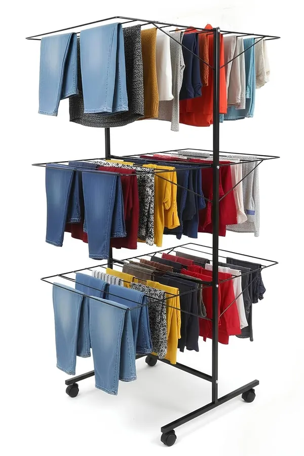 Black_3-Layer_Heavy_Dutyfoldable_Clothes_Drying_Stand_Powder-Coated_Steel_Cloth_Drying_Rack|_Space-Saving_Foldable_Design_For_Indoor_&_Outdoor_Use_|_Rust-Resistant_Laundry_Stand
