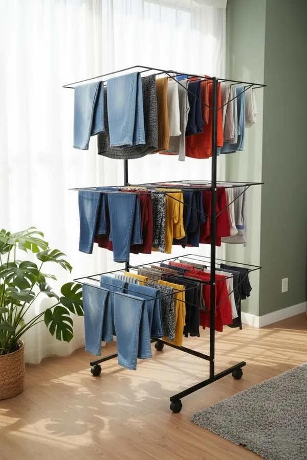 Black_3-Layer_Heavy_Dutyfoldable_Clothes_Drying_Stand_Powder-Coated_Steel_Cloth_Drying_Rack|_Space-Saving_Foldable_Design_For_Indoor_&_Outdoor_Use_|_Rust-Resistant_Laundry_Stand