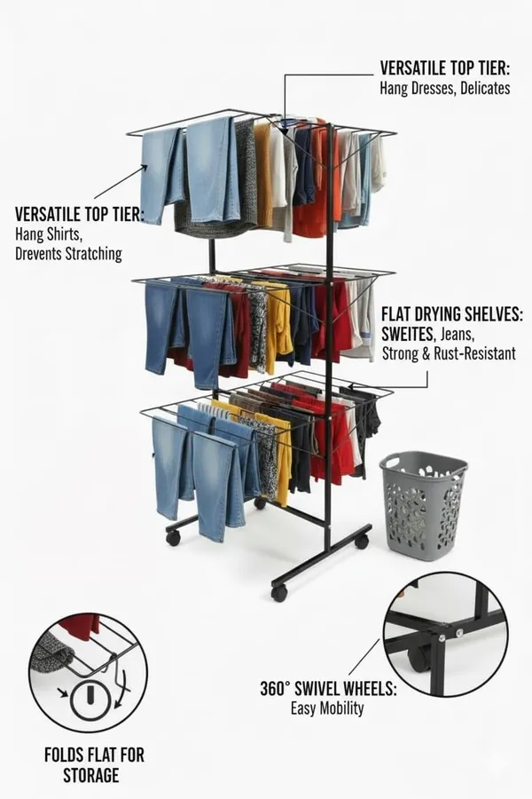 Black_3-Layer_Heavy_Dutyfoldable_Clothes_Drying_Stand_Powder-Coated_Steel_Cloth_Drying_Rack|_Space-Saving_Foldable_Design_For_Indoor_&_Outdoor_Use_|_Rust-Resistant_Laundry_Stand