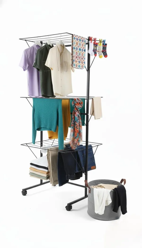 White_3-Layer_Heavy_Dutyfoldable_Clothes_Drying_Stand_Powder-Coated_Steel_Cloth_Drying_Rack|_Space-Saving_Foldable_Design_For_Indoor_&_Outdoor_Use_|_Rust-Resistant_Laundry_Stand