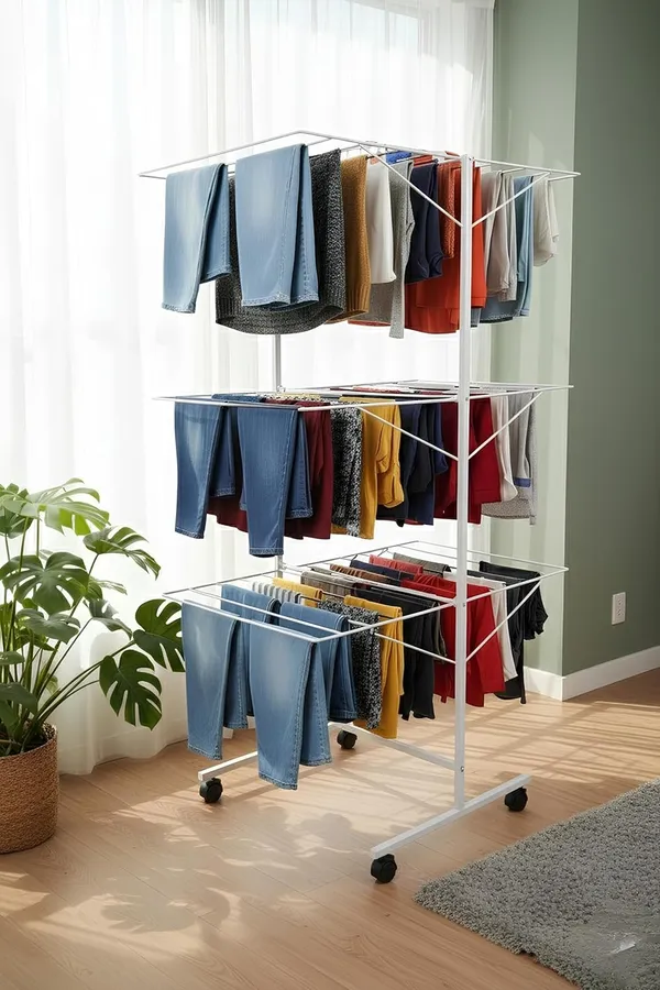 White_3-Layer_Heavy_Dutyfoldable_Clothes_Drying_Stand_Powder-Coated_Steel_Cloth_Drying_Rack|_Space-Saving_Foldable_Design_For_Indoor_&_Outdoor_Use_|_Rust-Resistant_Laundry_Stand