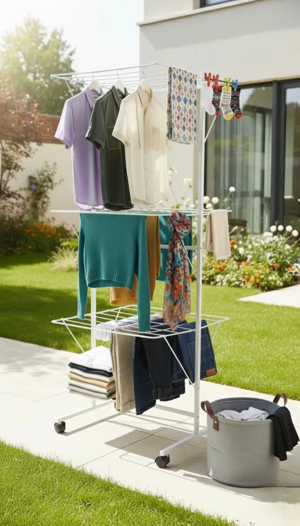 White_3-Layer_Heavy_Dutyfoldable_Clothes_Drying_Stand_Powder-Coated_Steel_Cloth_Drying_Rack|_Space-Saving_Foldable_Design_For_Indoor_&_Outdoor_Use_|_Rust-Resistant_Laundry_Stand
