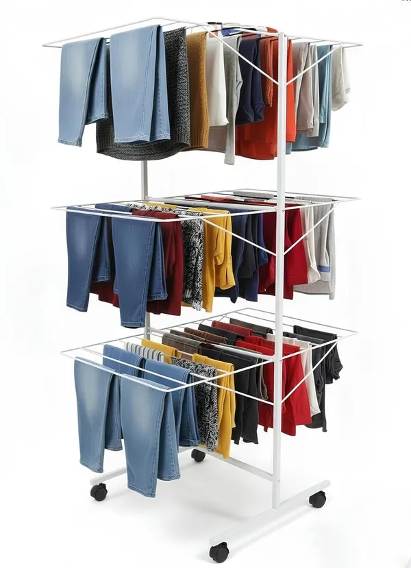 White_3-Layer_Heavy_Dutyfoldable_Clothes_Drying_Stand_Powder-Coated_Steel_Cloth_Drying_Rack|_Space-Saving_Foldable_Design_For_Indoor_&_Outdoor_Use_|_Rust-Resistant_Laundry_Stand