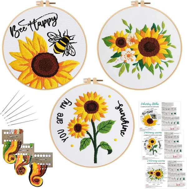 Black_Tisany_3_Sets_Sunflowers_Embroidery_Kit_For_Beginnerscross_Stitch_Kits_For_Adults_With_Summer_Flowers_Bee_Stamped_Patternstarters_Needlepoint_With_Embroidery_Instruction