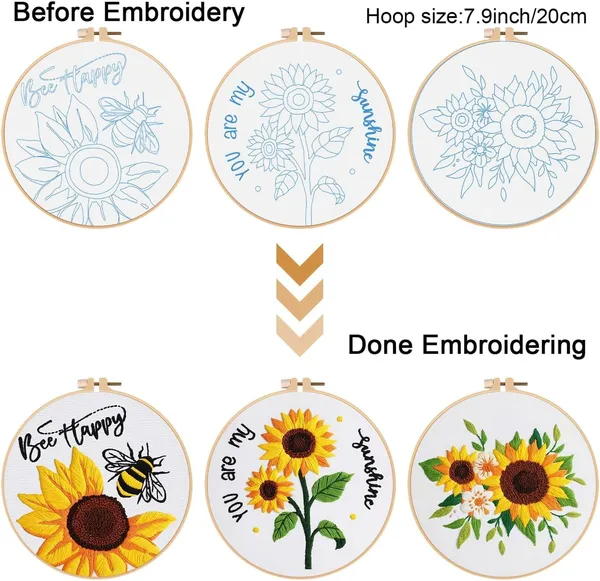 Black_Tisany_3_Sets_Sunflowers_Embroidery_Kit_For_Beginnerscross_Stitch_Kits_For_Adults_With_Summer_Flowers_Bee_Stamped_Patternstarters_Needlepoint_With_Embroidery_Instruction