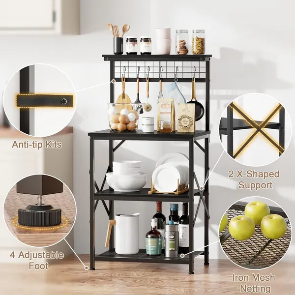 Black_Kitchen_Bakers_Rack_With_Hutch_Coffee_Bar_Station_4_Tiers_Microwave_Oven_Stand_With_6_S_Hooks_And_Pegboard_Kitchen_Microwave_Rack_For_Spice_Organizer_Workstation_(_22Inch)