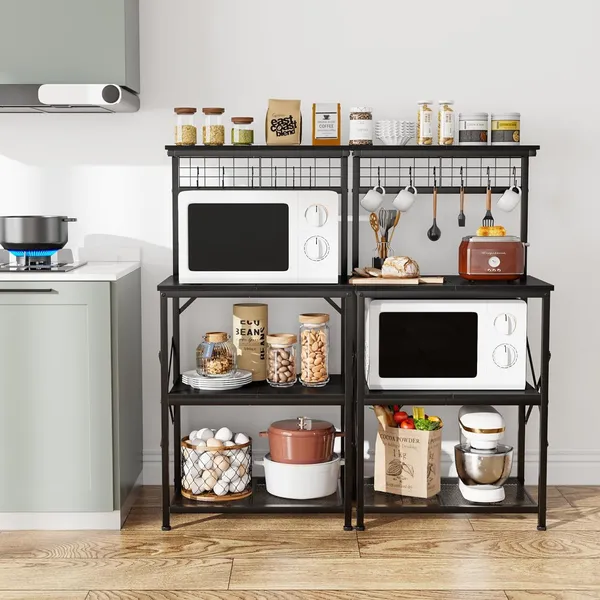 Black_Kitchen_Bakers_Rack_With_Hutch_Coffee_Bar_Station_4_Tiers_Microwave_Oven_Stand_With_6_S_Hooks_And_Pegboard_Kitchen_Microwave_Rack_For_Spice_Organizer_Workstation_(_22Inch)