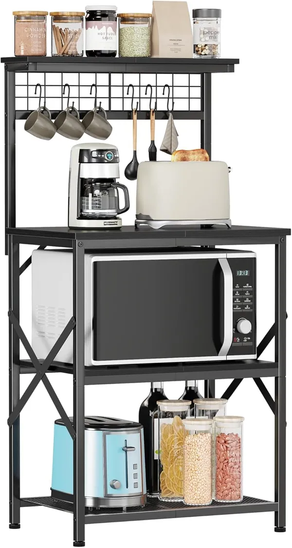 Black_Kitchen_Bakers_Rack_With_Hutch_Coffee_Bar_Station_4_Tiers_Microwave_Oven_Stand_With_6_S_Hooks_And_Pegboard_Kitchen_Microwave_Rack_For_Spice_Organizer_Workstation_(_22Inch)