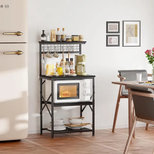 Black_Kitchen_Bakers_Rack_With_Hutch_Coffee_Bar_Station_4_Tiers_Microwave_Oven_Stand_With_6_S_Hooks_And_Pegboard_Kitchen_Microwave_Rack_For_Spice_Organizer_Workstation_(_22Inch)