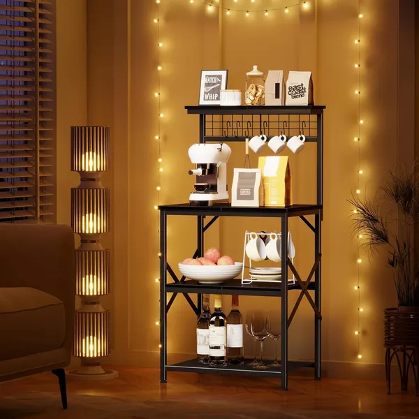 Black_Kitchen_Bakers_Rack_With_Hutch_Coffee_Bar_Station_4_Tiers_Microwave_Oven_Stand_With_6_S_Hooks_And_Pegboard_Kitchen_Microwave_Rack_For_Spice_Organizer_Workstation_(_22Inch)