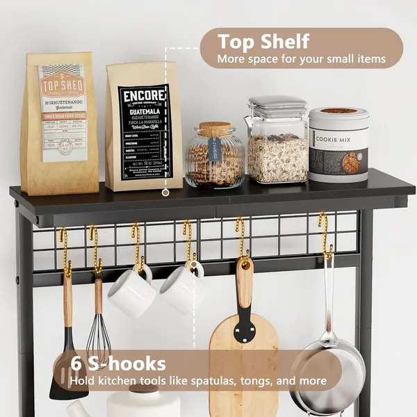 Black_Kitchen_Bakers_Rack_With_Hutch_Coffee_Bar_Station_4_Tiers_Microwave_Oven_Stand_With_6_S_Hooks_And_Pegboard_Kitchen_Microwave_Rack_For_Spice_Organizer_Workstation_(_22Inch)