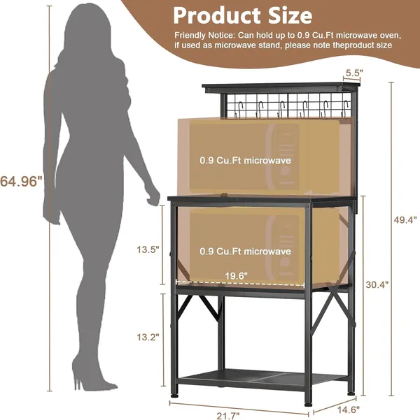 Black_Kitchen_Bakers_Rack_With_Hutch_Coffee_Bar_Station_4_Tiers_Microwave_Oven_Stand_With_6_S_Hooks_And_Pegboard_Kitchen_Microwave_Rack_For_Spice_Organizer_Workstation_(_22Inch)