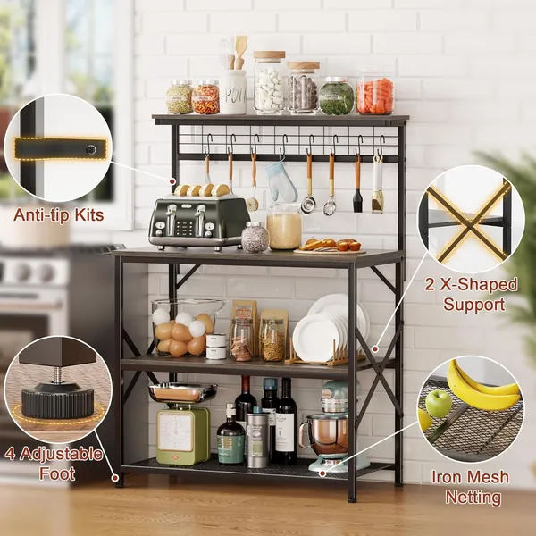 Black_Kitchen_Bakers_Rack_With_Hutch_Coffee_Bar_Station_4_Tiers_Microwave_Oven_Stand_With_6_S_Hooks_And_Pegboard_Kitchen_Microwave_Rack_For_Spice_Organizer_Workstation_(_31.5Inch)