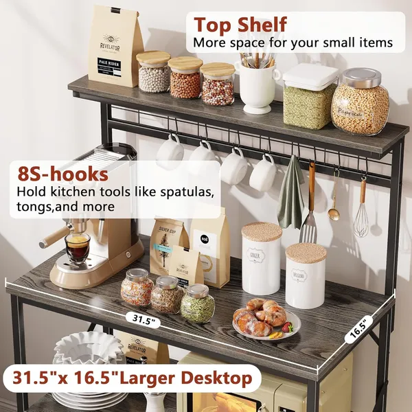 Black_Kitchen_Bakers_Rack_With_Hutch_Coffee_Bar_Station_4_Tiers_Microwave_Oven_Stand_With_6_S_Hooks_And_Pegboard_Kitchen_Microwave_Rack_For_Spice_Organizer_Workstation_(_31.5Inch)