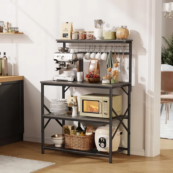 Black_Kitchen_Bakers_Rack_With_Hutch_Coffee_Bar_Station_4_Tiers_Microwave_Oven_Stand_With_6_S_Hooks_And_Pegboard_Kitchen_Microwave_Rack_For_Spice_Organizer_Workstation_(_31.5Inch)