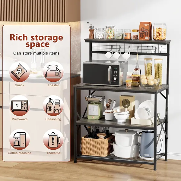 Black_Kitchen_Bakers_Rack_With_Hutch_Coffee_Bar_Station_4_Tiers_Microwave_Oven_Stand_With_6_S_Hooks_And_Pegboard_Kitchen_Microwave_Rack_For_Spice_Organizer_Workstation_(_31.5Inch)