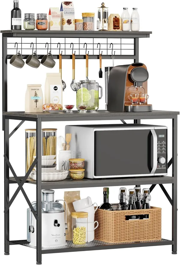 Black_Kitchen_Bakers_Rack_With_Hutch_Coffee_Bar_Station_4_Tiers_Microwave_Oven_Stand_With_6_S_Hooks_And_Pegboard_Kitchen_Microwave_Rack_For_Spice_Organizer_Workstation_(_31.5Inch)