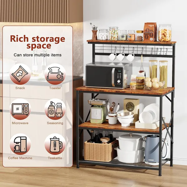 Brown_Kitchen_Bakers_Rack_With_Hutch_Coffee_Bar_Station_4_Tiers_Microwave_Oven_Stand_With_6_S_Hooks_And_Pegboard_Kitchen_Microwave_Rack_For_Spice_Organizer_Workstation_(_31.5Inch)