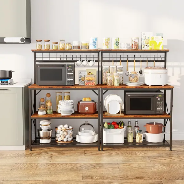 Brown_Kitchen_Bakers_Rack_With_Hutch_Coffee_Bar_Station_4_Tiers_Microwave_Oven_Stand_With_6_S_Hooks_And_Pegboard_Kitchen_Microwave_Rack_For_Spice_Organizer_Workstation_(_31.5Inch)
