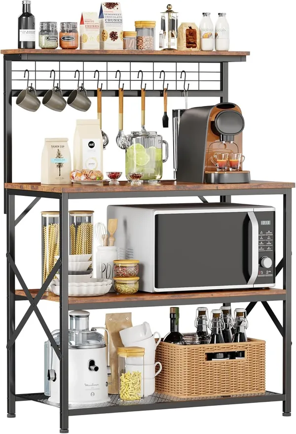 Brown_Kitchen_Bakers_Rack_With_Hutch_Coffee_Bar_Station_4_Tiers_Microwave_Oven_Stand_With_6_S_Hooks_And_Pegboard_Kitchen_Microwave_Rack_For_Spice_Organizer_Workstation_(_31.5Inch)