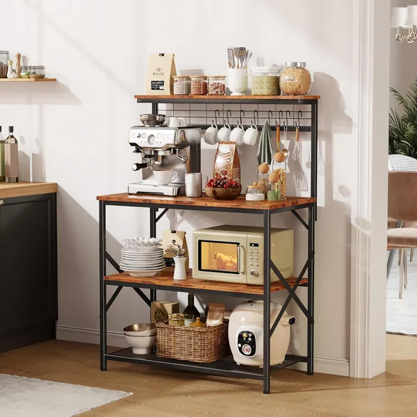 Brown_Kitchen_Bakers_Rack_With_Hutch_Coffee_Bar_Station_4_Tiers_Microwave_Oven_Stand_With_6_S_Hooks_And_Pegboard_Kitchen_Microwave_Rack_For_Spice_Organizer_Workstation_(_31.5Inch)