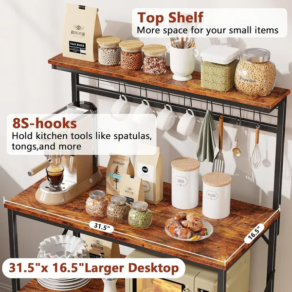 Brown_Kitchen_Bakers_Rack_With_Hutch_Coffee_Bar_Station_4_Tiers_Microwave_Oven_Stand_With_6_S_Hooks_And_Pegboard_Kitchen_Microwave_Rack_For_Spice_Organizer_Workstation_(_31.5Inch)