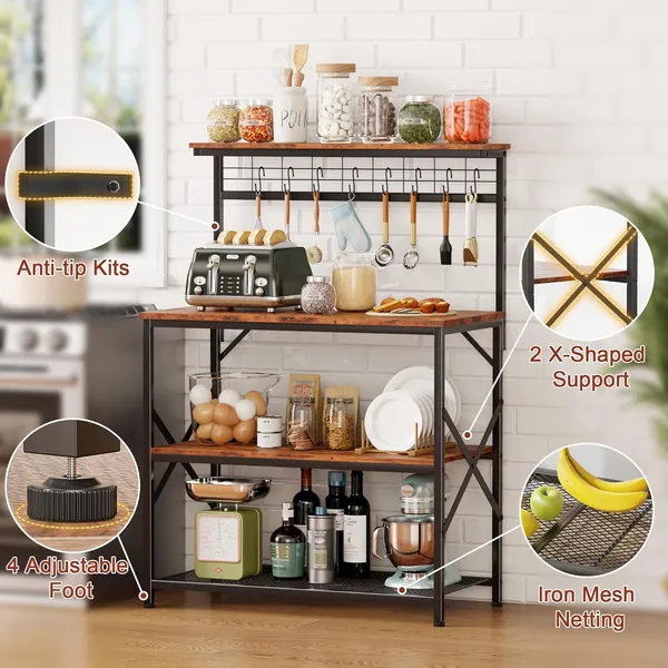 Brown_Kitchen_Bakers_Rack_With_Hutch_Coffee_Bar_Station_4_Tiers_Microwave_Oven_Stand_With_6_S_Hooks_And_Pegboard_Kitchen_Microwave_Rack_For_Spice_Organizer_Workstation_(_31.5Inch)