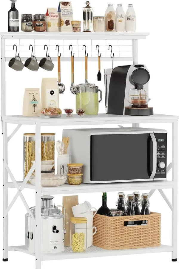 White_Kitchen_Bakers_Rack_With_Hutch_Coffee_Bar_Station_4_Tiers_Microwave_Oven_Stand_With_6_S_Hooks_And_Pegboard_Kitchen_Microwave_Rack_For_Spice_Organizer_Workstation_(_31.5Inch)