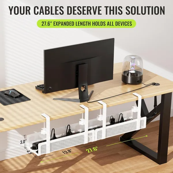 White_[Upgraded]_2_Pack_Cable_Management_Under_Desk_Tray_27.6"_No_Drill_Open_Slots_Cable_Management_Tray_Cord_Wire_Organizer_Box_With_Clamp_For_Table_Thickness_Up_To_3"_-_No_Desk_Damage_