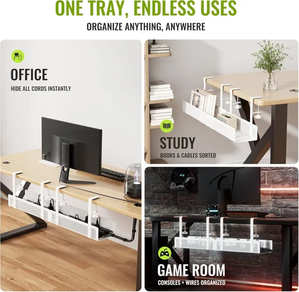 White_[Upgraded]_2_Pack_Cable_Management_Under_Desk_Tray_27.6"_No_Drill_Open_Slots_Cable_Management_Tray_Cord_Wire_Organizer_Box_With_Clamp_For_Table_Thickness_Up_To_3"_-_No_Desk_Damage_