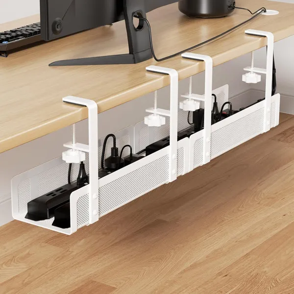 White_[Upgraded]_2_Pack_Cable_Management_Under_Desk_Tray_27.6"_No_Drill_Open_Slots_Cable_Management_Tray_Cord_Wire_Organizer_Box_With_Clamp_For_Table_Thickness_Up_To_3"_-_No_Desk_Damage_